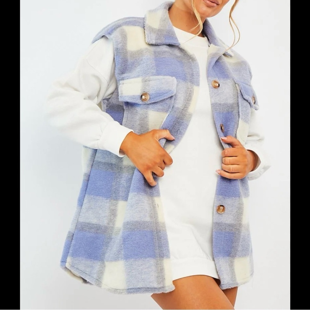 BOOHOO Blue CHECK Plaid SLEEVELESS SHACKET Sz Small Wool Blend Fall NEW